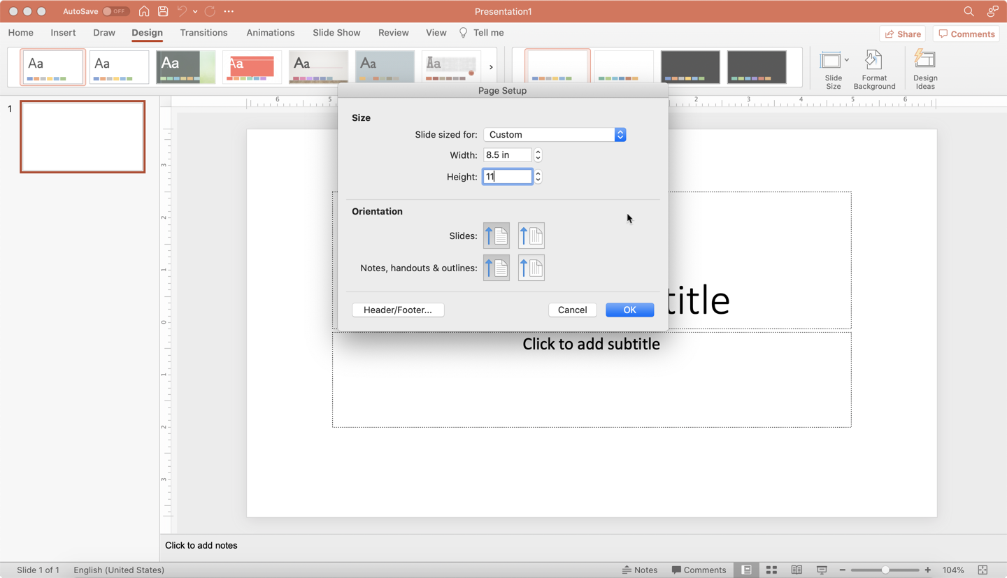 Change the width to 8.5 and height to 11. Press OK and then scale up or scale down