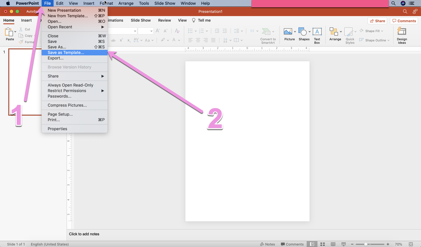 To save the PowerPoint template you've made, Click file, save as template