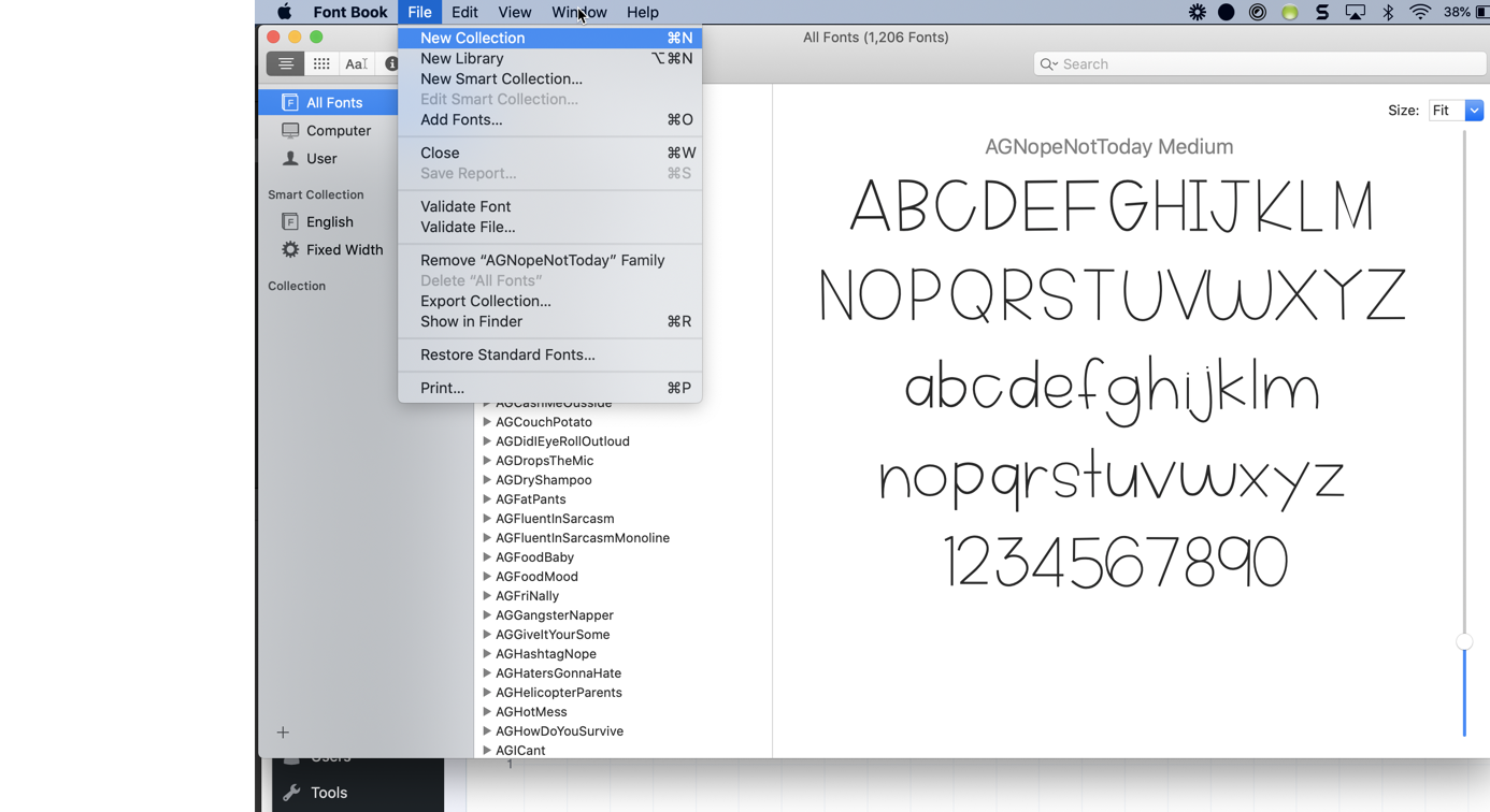 Create a new collection in Font Book by clicking file, new collection