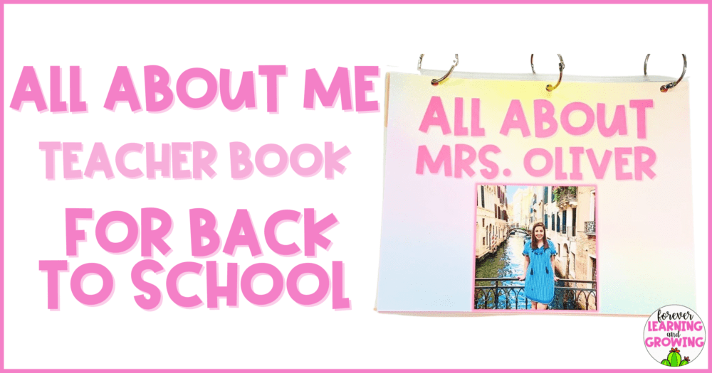 A book with a teacher posing on the front that says "All About Mrs. Oliver" and text that says: All About Me Teacher Book for Back to School