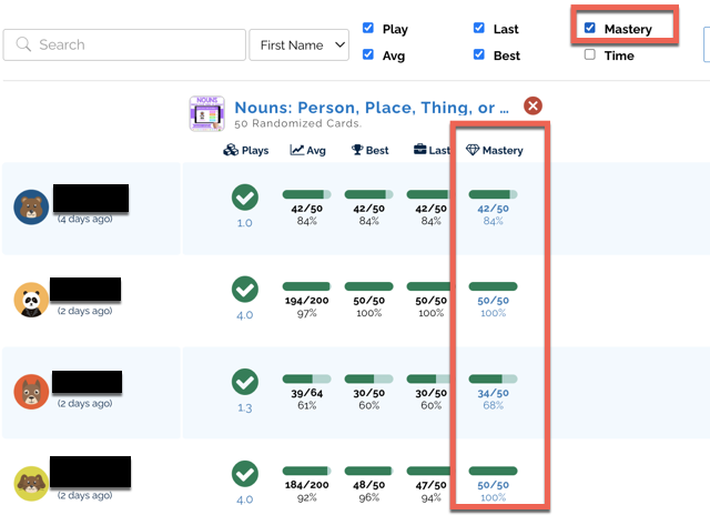 A screenshot of a teacher's Boom Card report for a noun deck, with a box highlighting students' mastery or diamond points earned