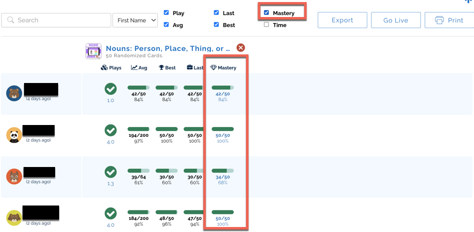 teacher view of diamond points in reports section 