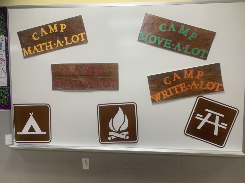 camping day signs- Camp Read a Lot, Camp Write a Lot, Camp Math a Lot, and Camp Move a Lot