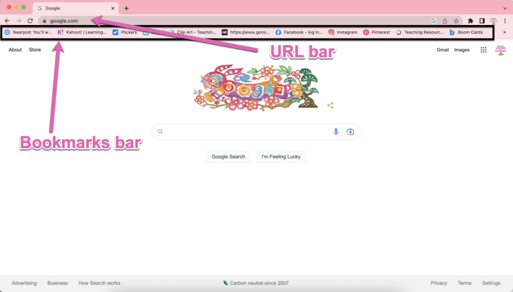 arrows pointing to the URL bar and bookmarks bar on Google Chrome