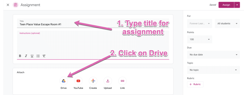 Type the title for the assignment and click on Drive to find your Google Sheet file