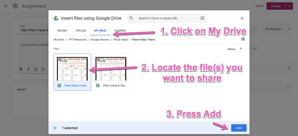 Click on My Drive, locate the Google Sheets file you want to share, press add