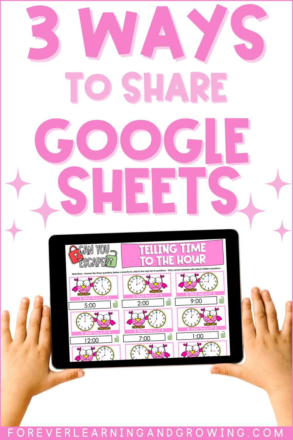 iPad displaying Google Sheets activity with words "3 ways to share Google Sheets"