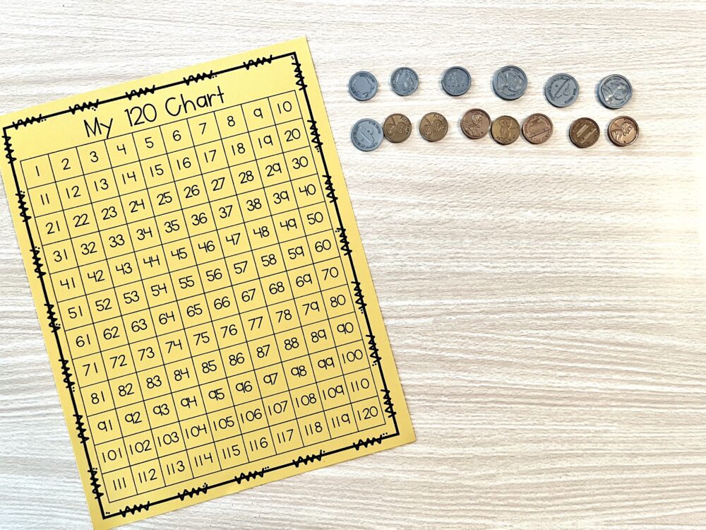 coins lined up in value order next to a hundreds chart