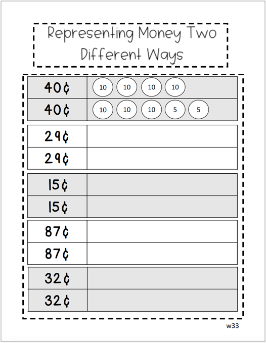 a math create page for representing money 2 different ways