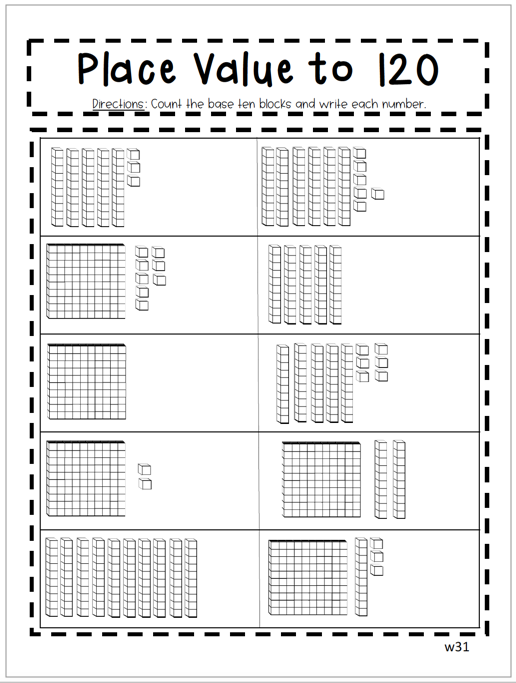 a math create page where students count the base 10 blocks and write the value beside it