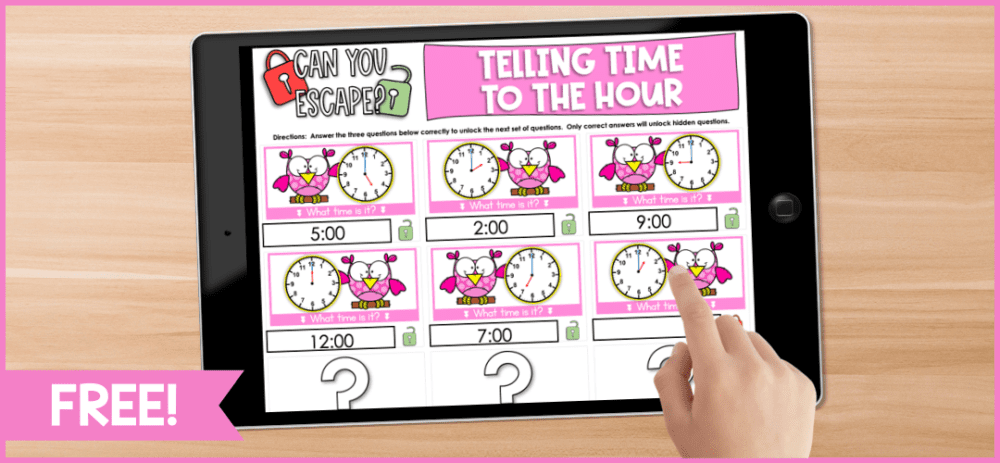 iPad showing telling time to hour digital escape activity
