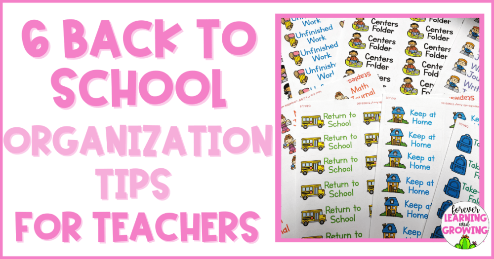 a pin image with "6 back to school organization tips for teachers" on the left and a bunch of journal/folder labels spread out in a picture on the right