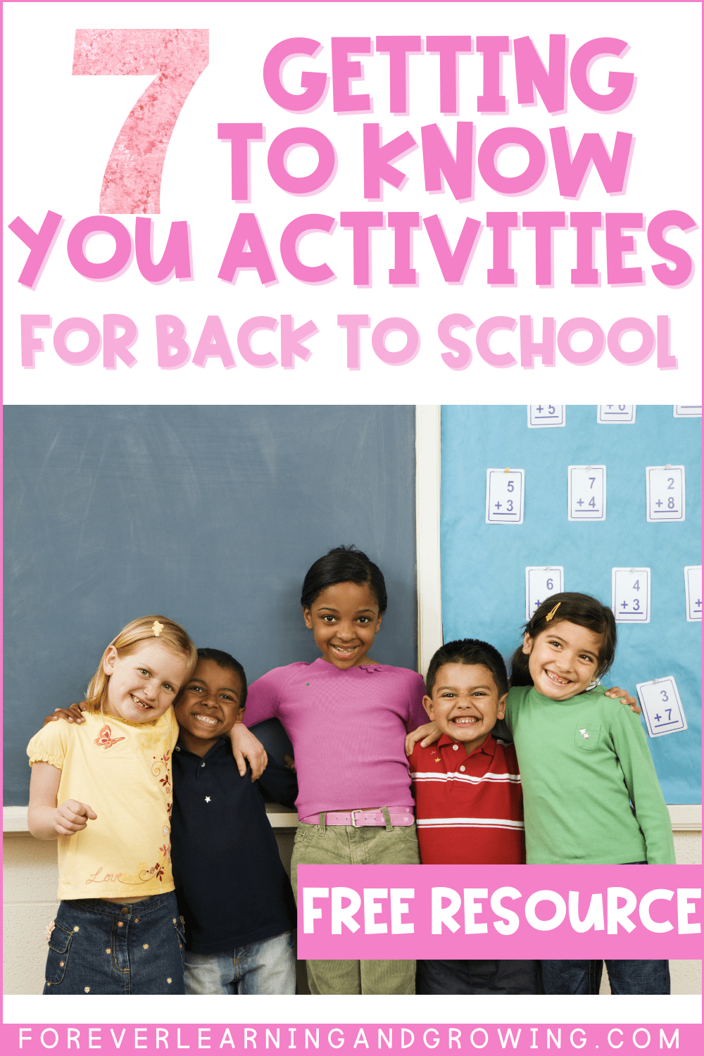 A picture of 5 young kids posing together and the words "7 Getting to Know You Activities for Back to School"