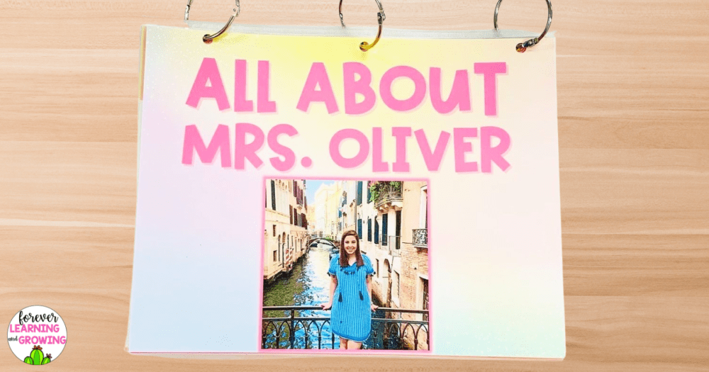 A book with a picture of a teacher on the front and "All About Mrs. Oliver" as the title.