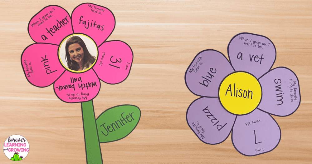 2 "all about me" flowers with traits or favorites of a person filled out on the petals and a picture or name of the person in the center