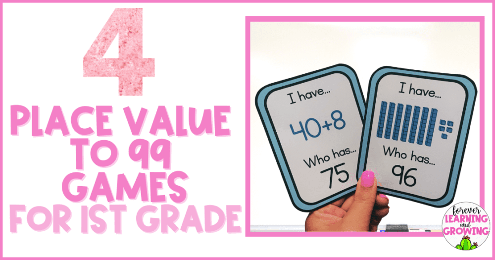 titled "4 place value to 99 games for first grade" with a picture of someone holding 2 cards for an I have... who has? game