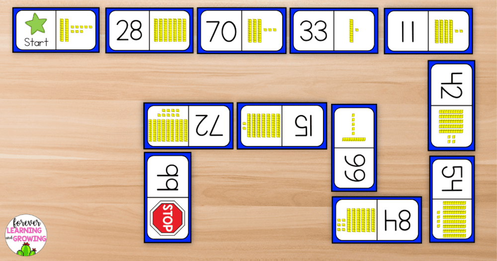 12 dominoes laid across a desk that have numbers to 99 represented in base 10 form on one side & standard form matched on the other