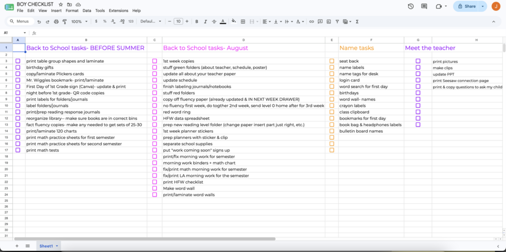 a spreadsheet with teacher checklists