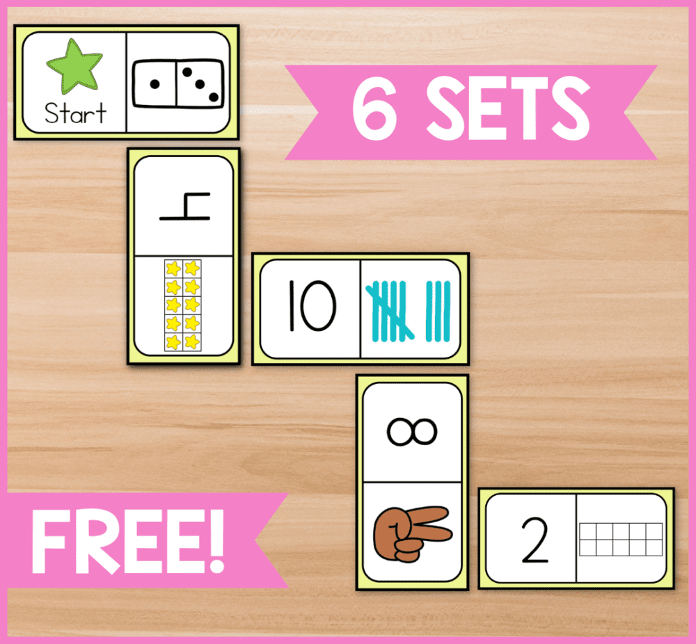 dominoes laying out on a desk with numbers represented visually for students to subitize