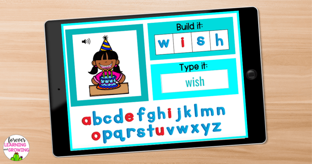 picture of ipad with boom cards activity. There's a girl with a birthday hat and a cake with candles. The word "wish" is spelled with magnet letters and typed in a box