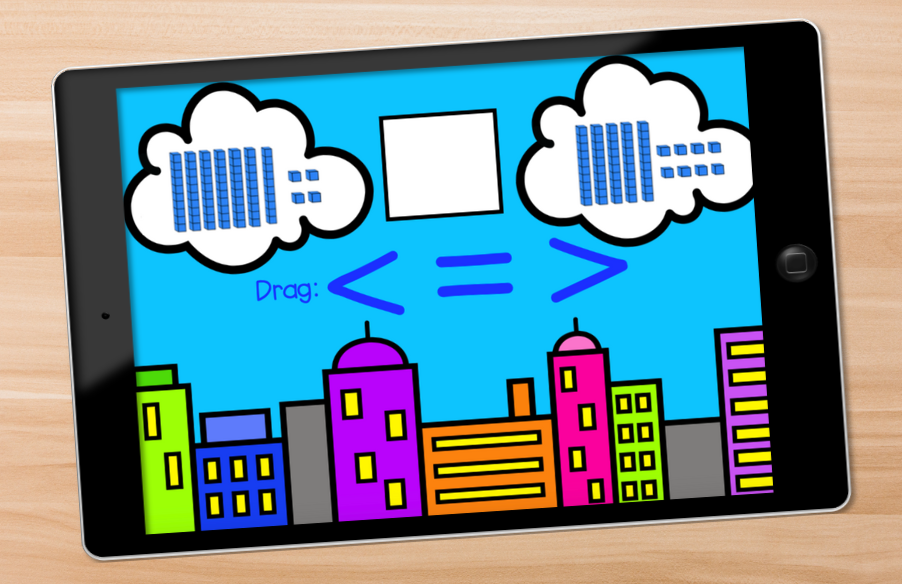 an iPad on a desk with a Boom Cards activity displayed for comparing numbers to 120. The background of the game is a city skyline and in the clouds 2 numbers are shown in picture form with comparison symbols there to drag