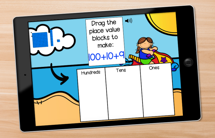 an iPad on a desk displaying a Boom Cards deck for place value to 120. The background of the deck is the beach and has place value blocks to be dragged to represent numbers