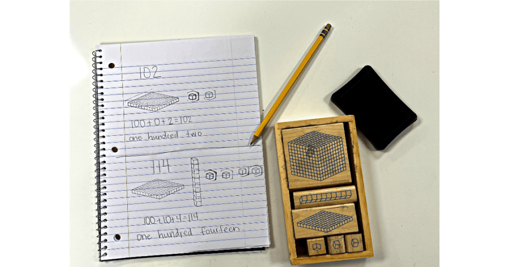 a place value activity shown with a set of place value stamps and 2 numbers stamped in a journal. A pencil and ink pad also are displayed