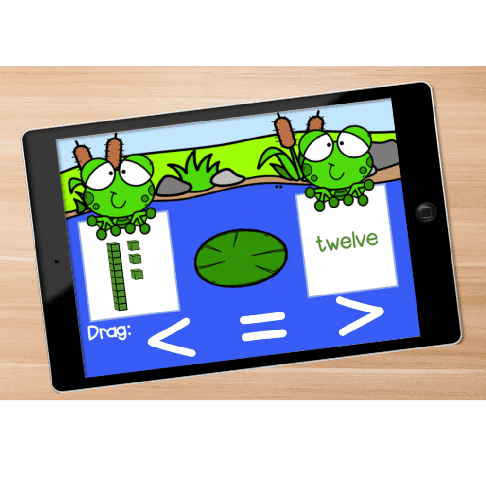 ipad showing comparing numbers Boom Cards for teen numbers
