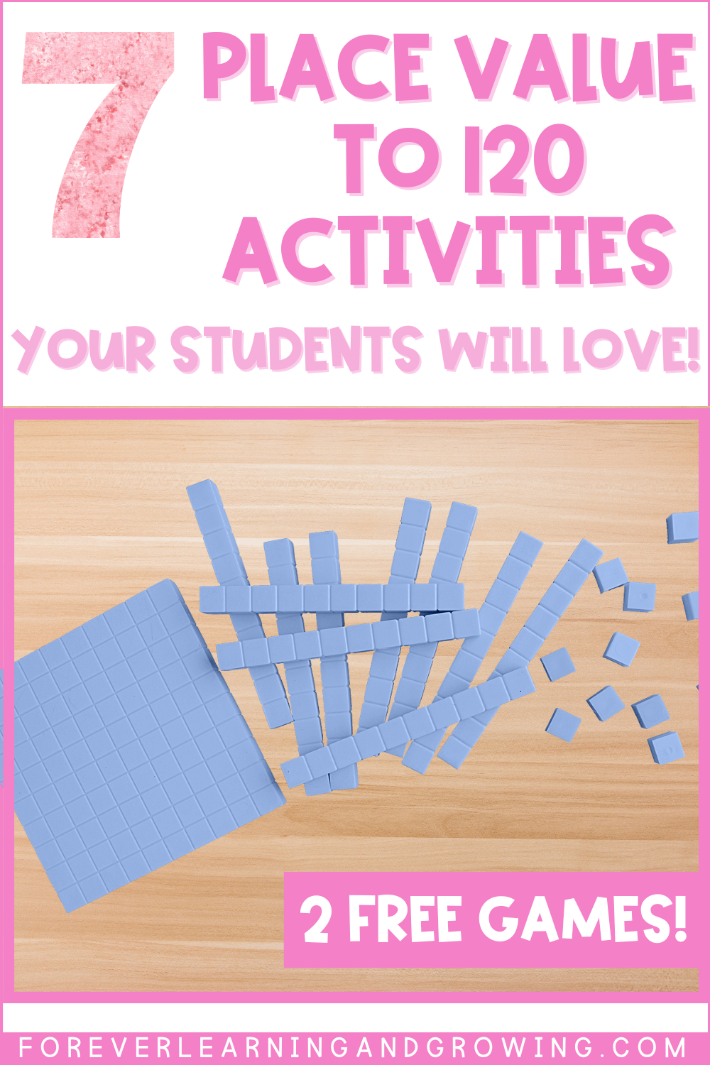 TEXT: 7 PLACE VALUE TO 120 ACTIVITIES YOUR STUDENTS WILL LOVE. Picture below the text is a desk with blue base 10 blocks spread across