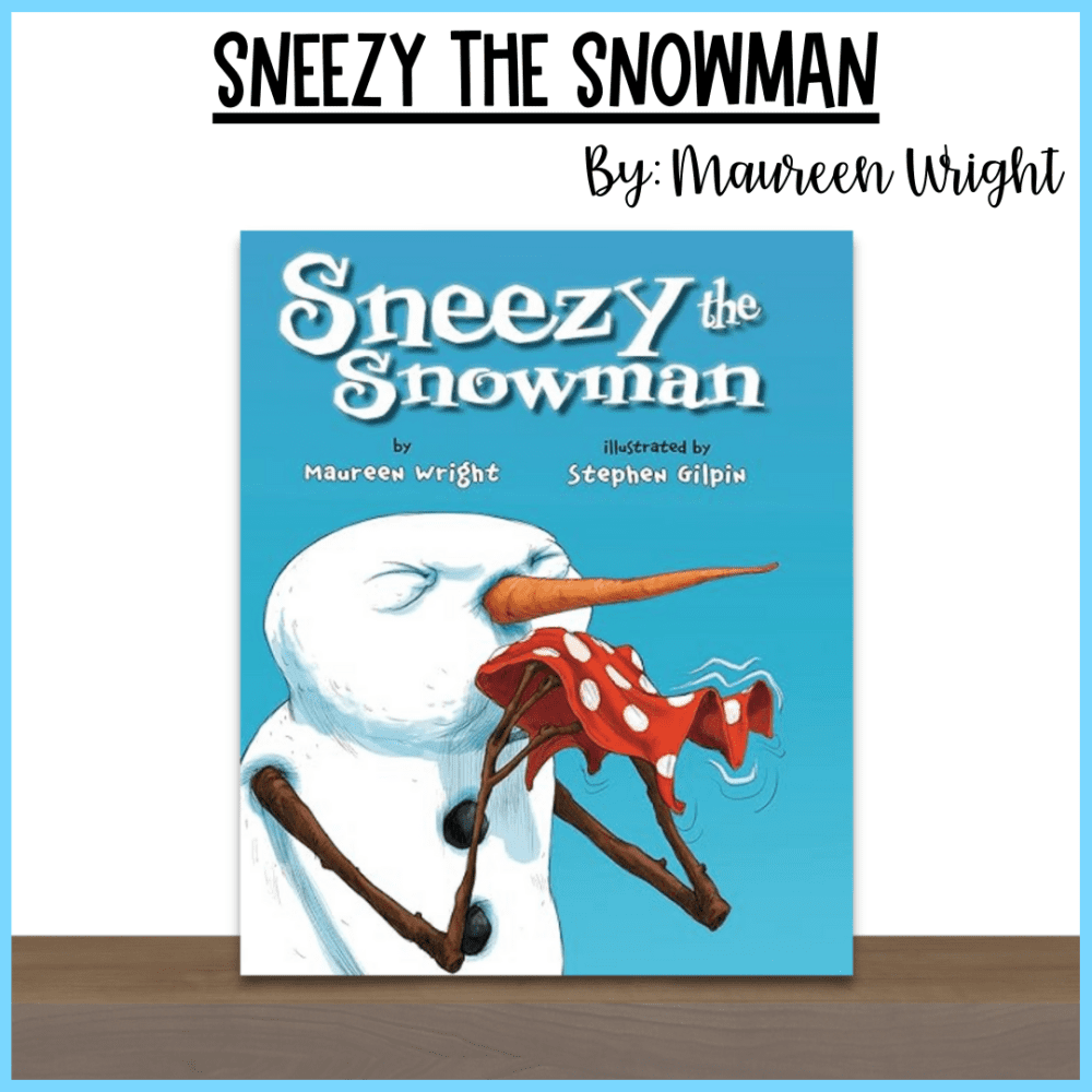 the book "Sneezy the Snowman" standing on a wooden shelf