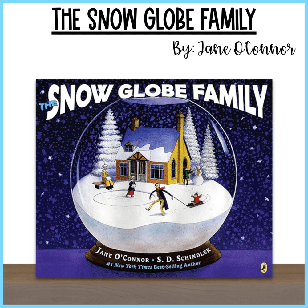 the book "The Snow Globe Family" standing on a wooden shelf