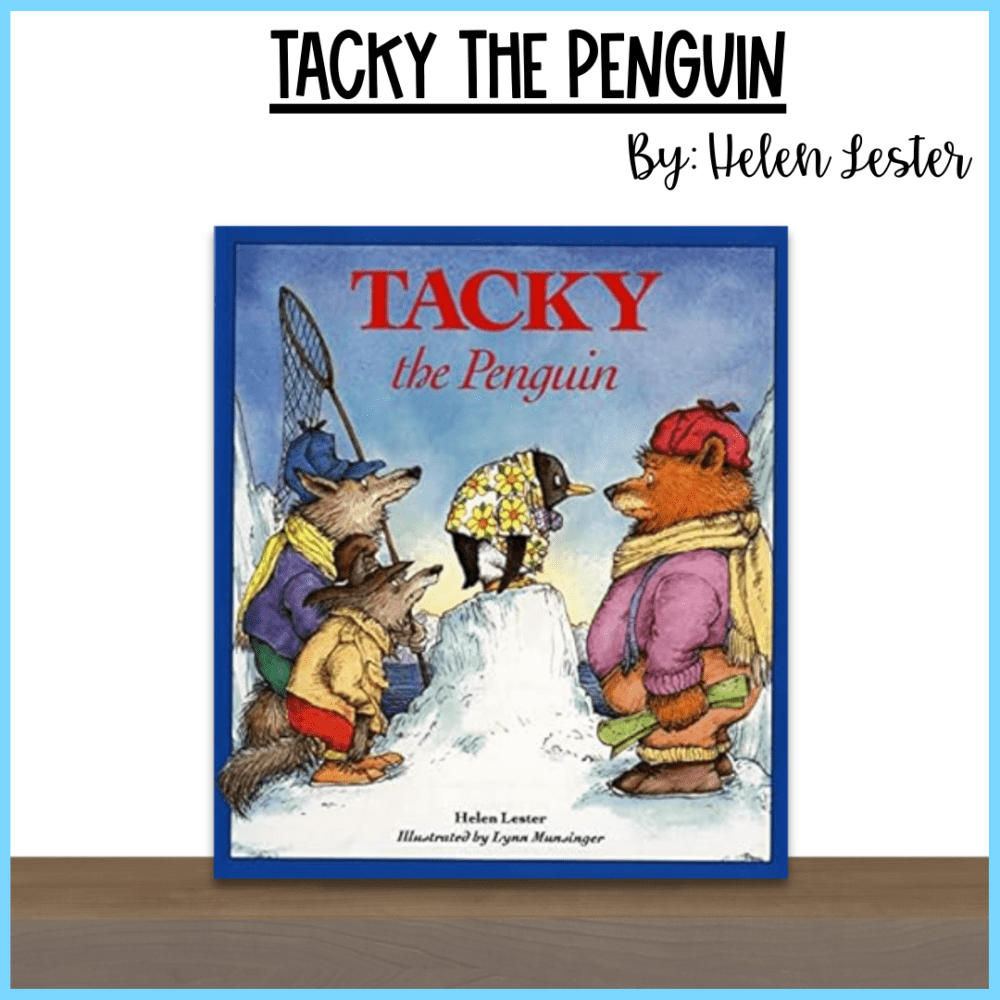 the book "Tacky the Penguin" standing on a wooden shelf