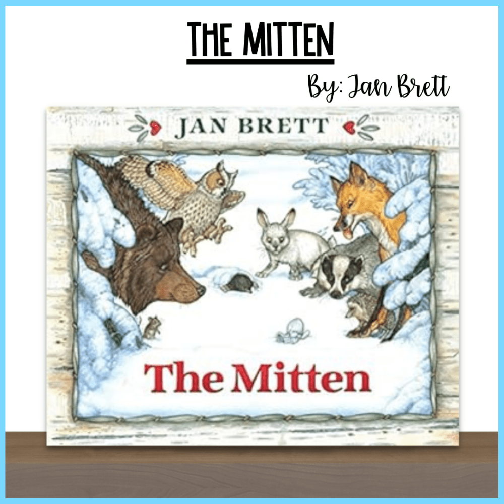 the book "The Mitten" standing on a wooden shelf