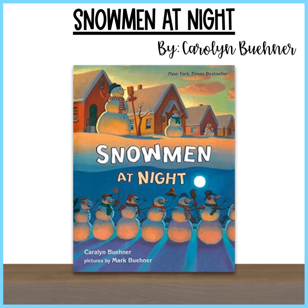 the book "Snowmen at Night" standing on a wooden shelf