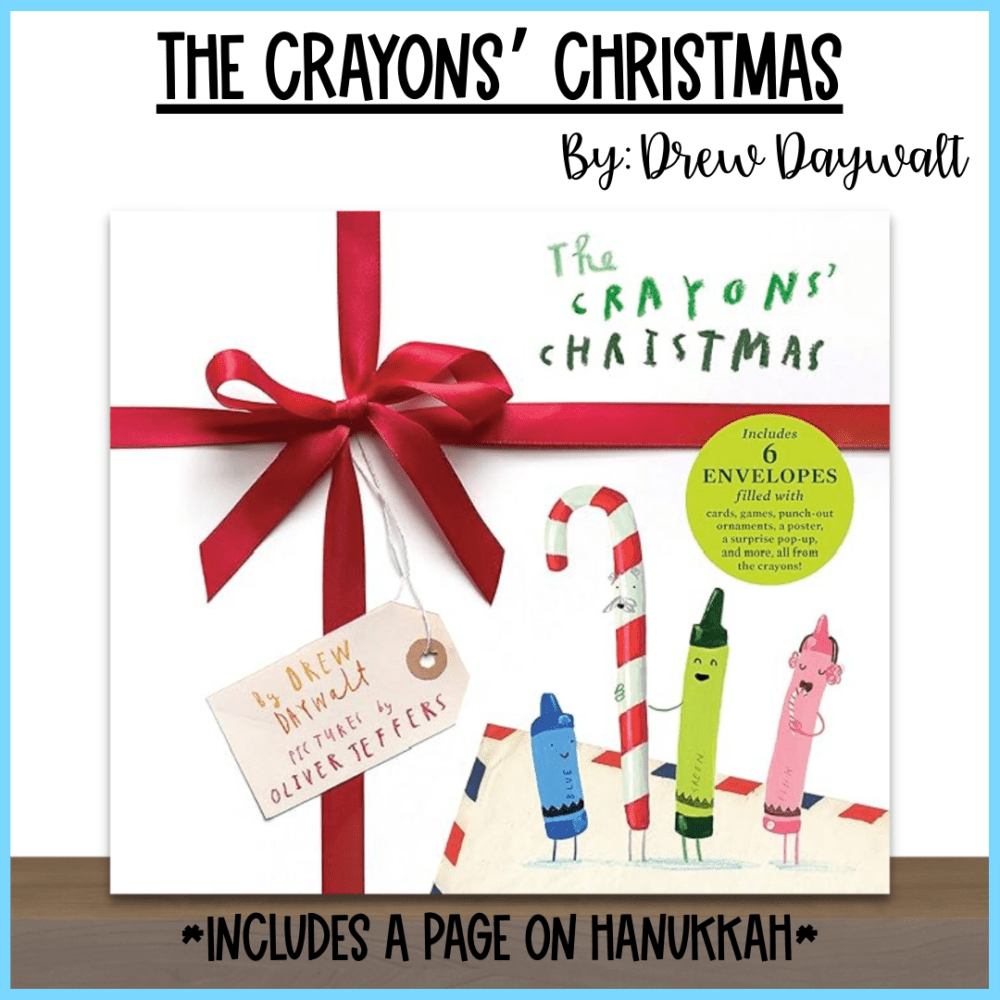 the book "The Crayons' Christmas" standing on a wooden shelf