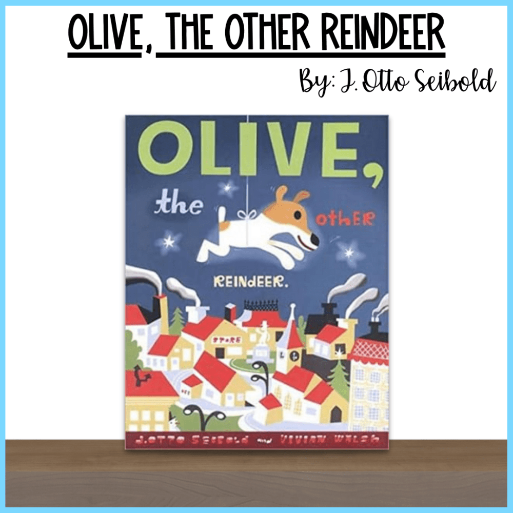 the book "Olive, the Other Reindeer" standing on a wooden shelf