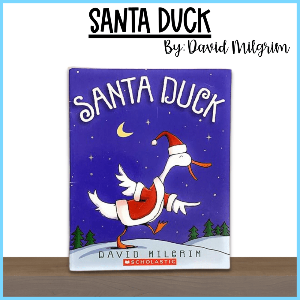 the book "Santa Duck" standing on a wooden shelf