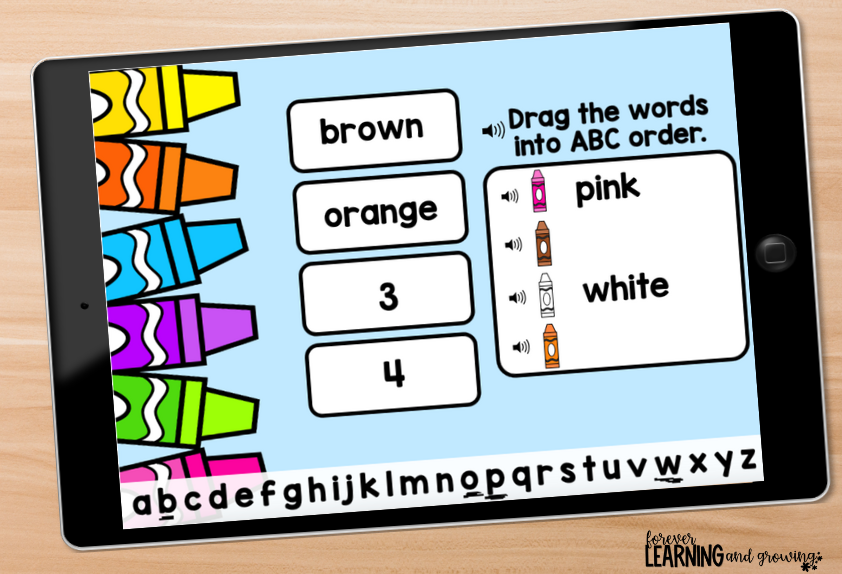 ipad showing Boom Cards activity for putting color words in ABC Order