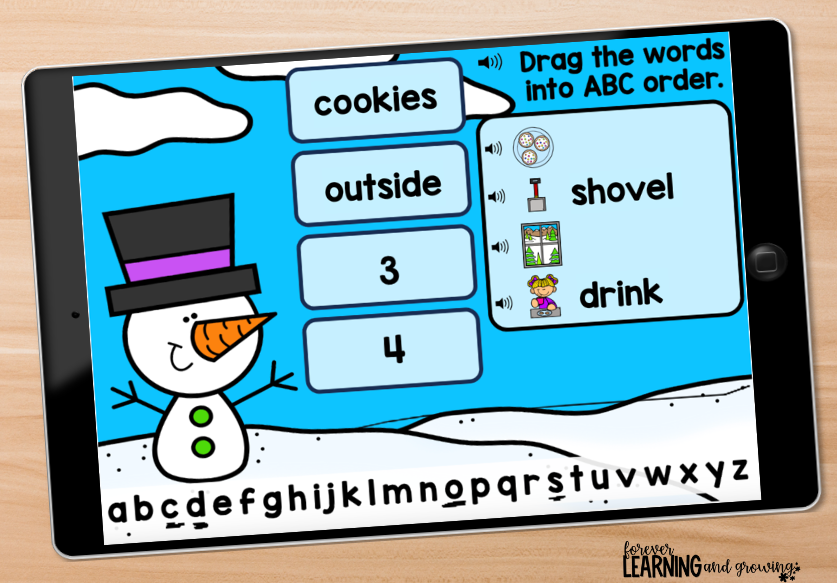 iPad with Boom Cards activity for putting winter words in ABC Order