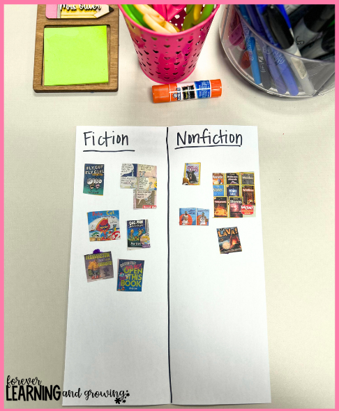 books from scholastic flyers sorted on a paper labeled fiction and nonfiction